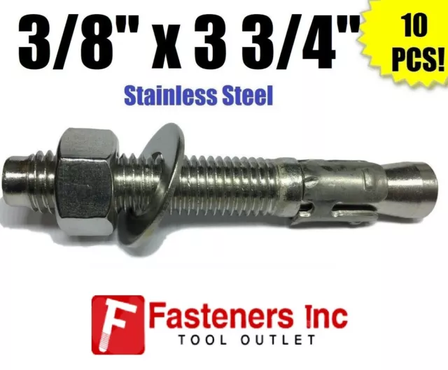 (QTY 10) 3/8" x 3 3/4" Concrete Wedge Anchor Stainless Steel Grade 304