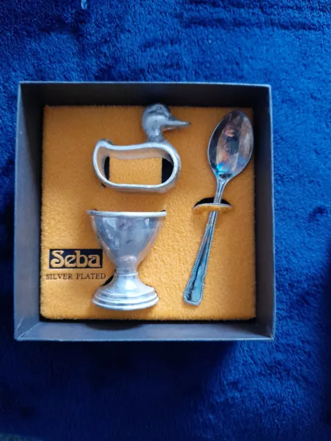 Vintage Silver Plated Egg Cup Spoon & Napkin Ring Baby Set by Seba original Box