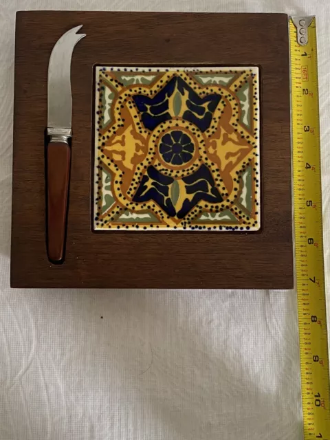 Vintage Wood Tile Cheese Board with Knife Inset Teak 60s 70s