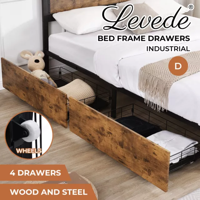 Levede  4 Double Bed Frame Storage Drawers Metal Wooden Wood Bonus Bottom Mat 3