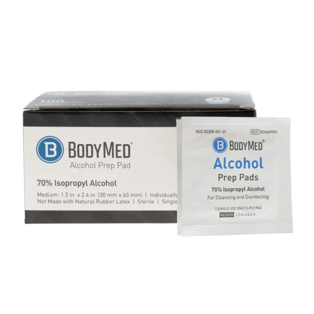 BodyMed Alcohol Prep Pads with 70% Isopropyl Alcohol, 100 Count – Individually