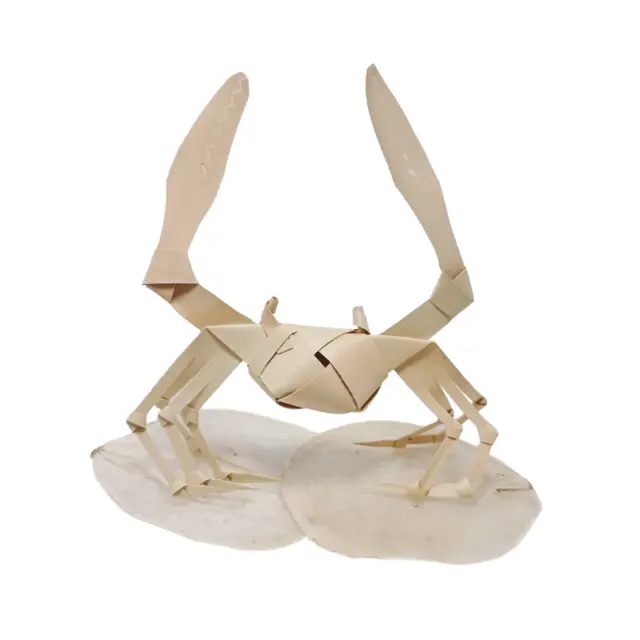Small Crab Beach Animal Art Figurine Sugar Palm Leaf on Sea Shell Handmade