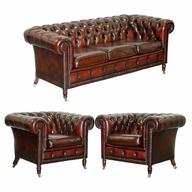 Restored Bordeaux Leather Chesterfield Club Suite Armchair & Sofa On Turned Legs