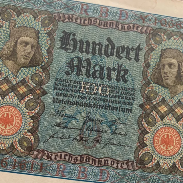 Post WW1 German 1920 100 Mark Banknote Germany Currency WWI Era Paper Money