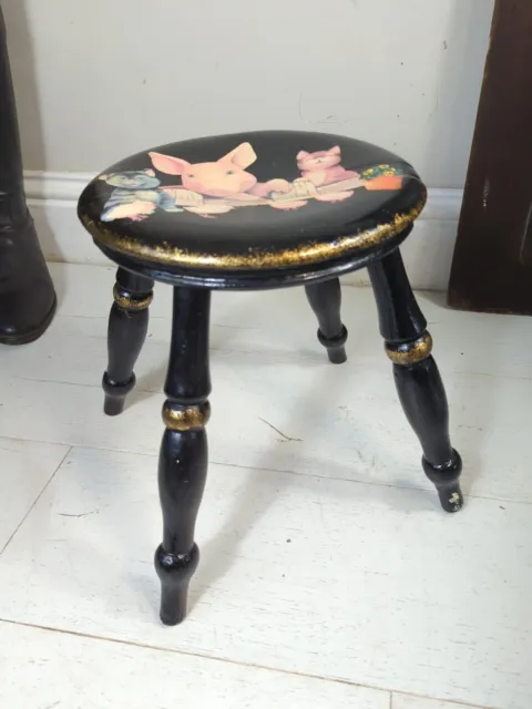 Antique 19th Century Victorian Ebonised Parcel Gilt Stool Decoupage Dish Seat