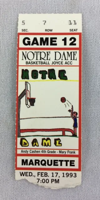 1993 02/17 Marquette at Notre Dame Basketball Ticket Stub - Seat 11