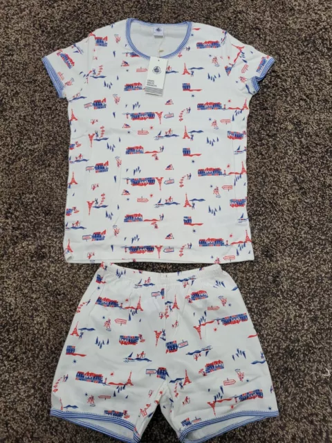 NEU Petit Bateau Pyjama Gr. 152 Schlafanzug Shorts Shirt Mädchen Weiß Blau Rot