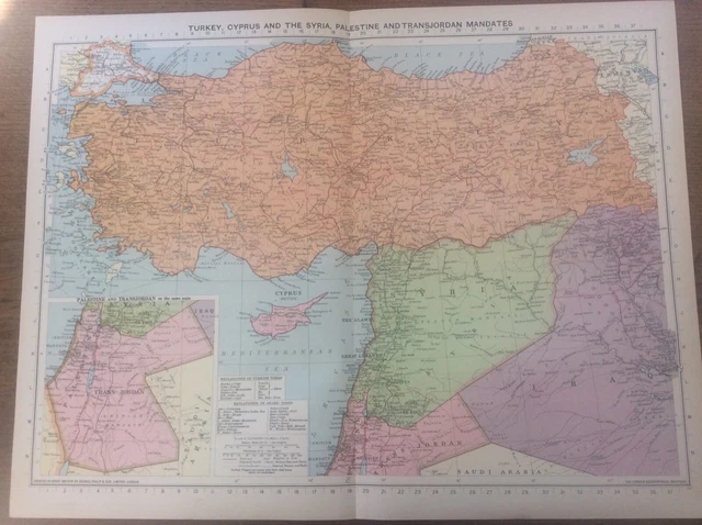 Vintage Antique 1939 Philips Map 20x15 Turkey Cyprus Syria Palestine TransJordan