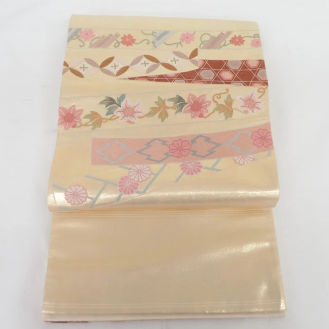 Kimono Fukuro Obi, All Embroidery, Sagara Flower Arabesque, Pure Silk, Gold, Gol