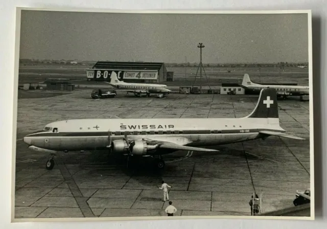 Vintage 1959 4x6 B&W Photo London Airport Swissair airliner DC6 tarmac BOAC sign