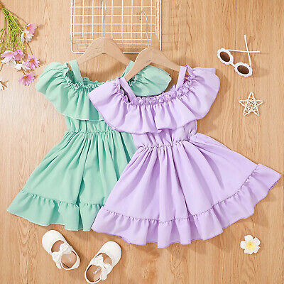 Toddler Kids Baby Girls Off Shoulder Solid Ruffles Princess A-Line Summer Dress