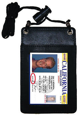 Black Genuine Leather Neck ID Badge Neck Strap Pouch Card Holder US SELLER