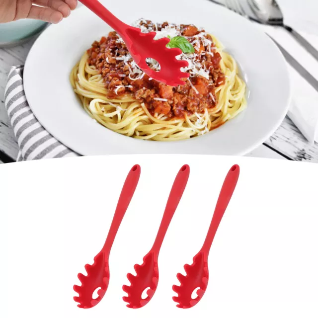 (Red)3 Pcs Silicone Spaghetti Spoon Utensils Lo Mein Noodles Fork Fans