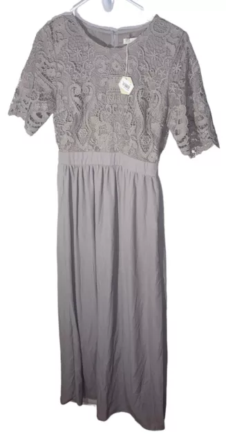 NWT PinkBlush Maternity Maxi Dress Size Small Gray Lace Top Chiffon Skirt