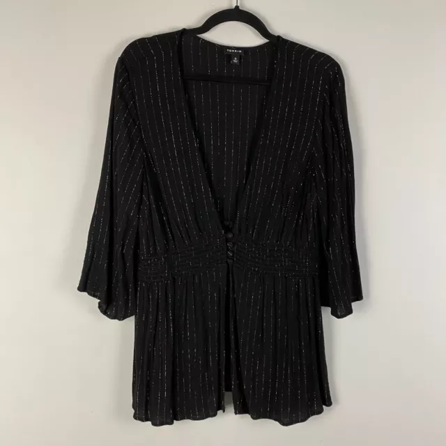 Torrid Button Front Babydoll Blouse Black Gold Strip Gauze Smocked Size 0 Torrid Button Front Babydoll Blouse Black Gold Strip Gauze Smocked Size 0