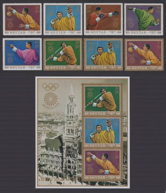 BHUTAN 1972, Set + S/S Olympic Games, MNH, Mi 514/21A +Bl 51A, Sc 147/147G +147H