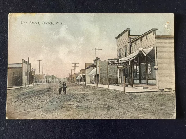 Chetek Wis WI Wisconsin Postcard Nap Street Town Scene Restaurant Bakery Kids