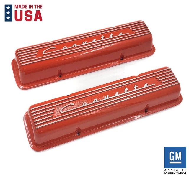 ORANGE FINNED &CORVETTE& Script Valve Covers Small Block Chevy SBC No