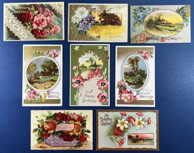 8 Nice Birthday Antique Postcards. EMB, Gold. Colorful. Shiny Fronts. Scenes