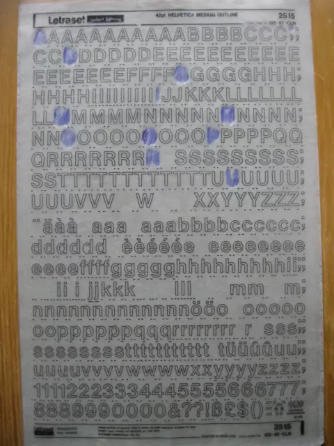 1 x Letraset Upp/Low/Num HELVETICA MEDIUM OUTLINE  42pt 11.7mm Sheet 2515   (bb)