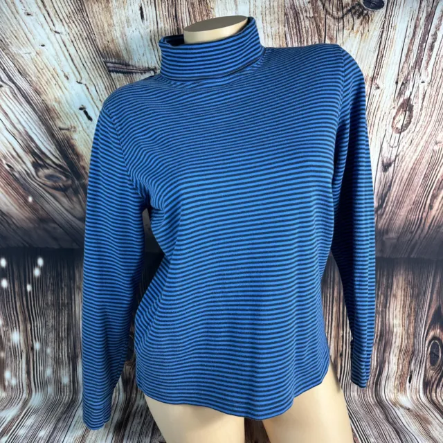 LL Bean Womens Size Medium Blue Black Stripe Turtleneck Long Sleeve Shirt Top