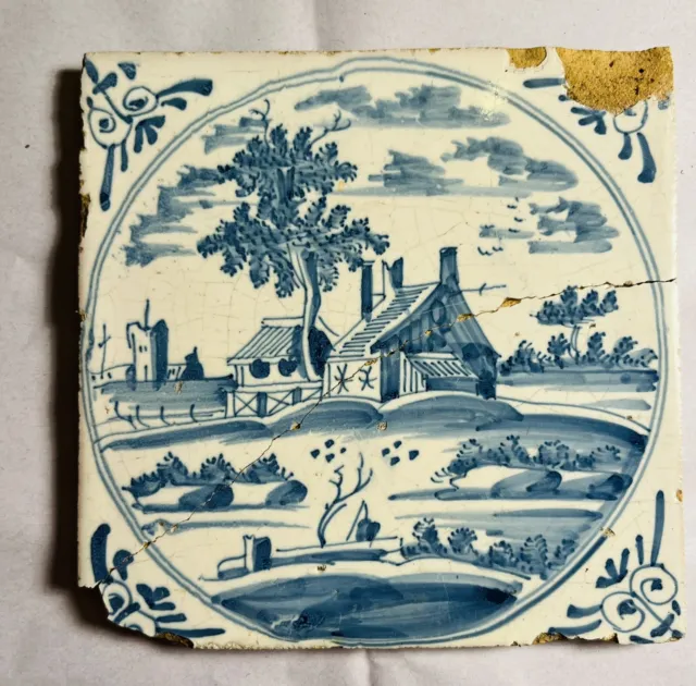 17th or 18th Century Dutch Blue and White Delft Tile - Dutch Landscape A6