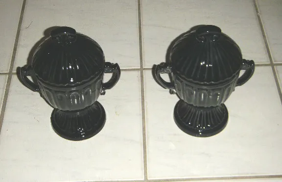 Pair Black Glazed Ceramic Urns W Lids 10.75" Art Deco 1960 Handles Ribs 536-537