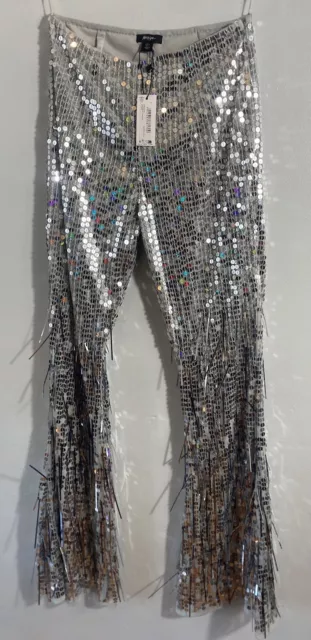 Nasty Gal Petite Tassel Silver. Sequin Flared Pants Size 4