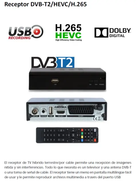 RECEPTOR TDT HD HEVC/H.265 , USBx2, HDMI, SCART Euroconector