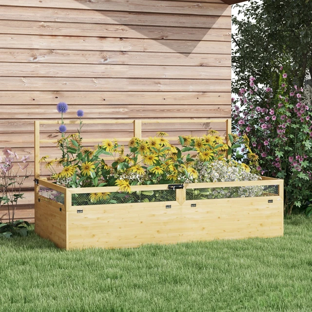 Outsunny Holz Hochbeet Mit Rankgitter – Pflanzkasten Für Gemüse, Blumen, Kräuter – Used-Look Naturton