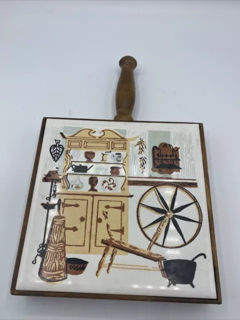H&R Johnson Ceramic Tile Trivet Spinning Wheel Churn England Wood Wall Hanging