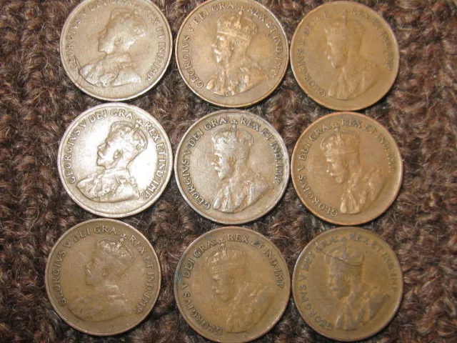 Canada Rare Small Cents Collection Of 9 Coins 1920,21,28,29,32 To 36 .