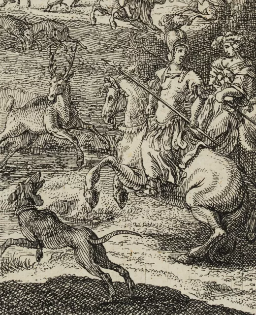 J. MEYER (1655-1712), Reiter zur Hirschjagd mit Herr und Dame zu Pferd, Rad. 3