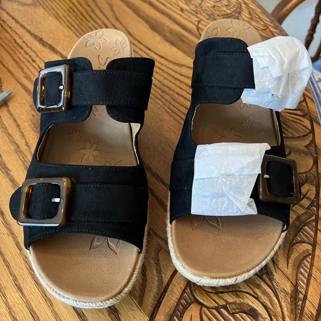 Skechers Brit womens size 10 sandals slides wedge heel black suede buckles 3.5”