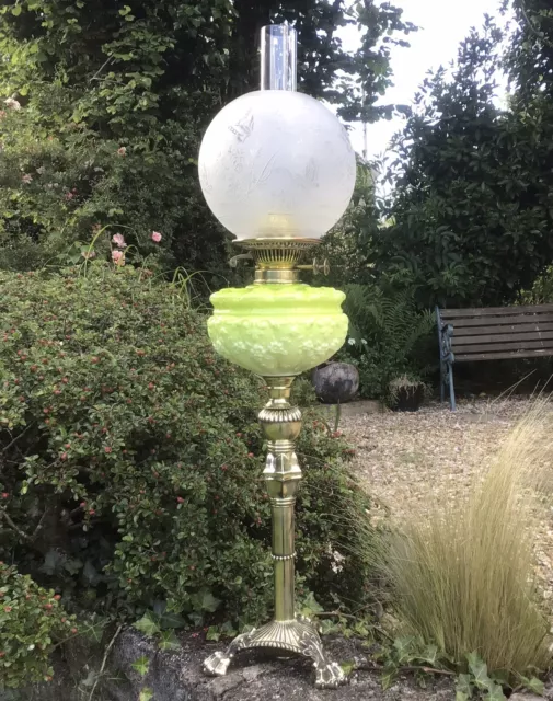 Antique Oil Lamp Acid Green/Yellow Cased Glass Font Duplex Burner
