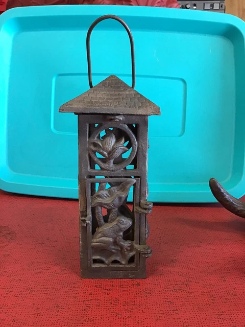 Vintage Cast Iron Japanese Pagoda Garden Tea Light Lantern Frog Lotus Flower 10”