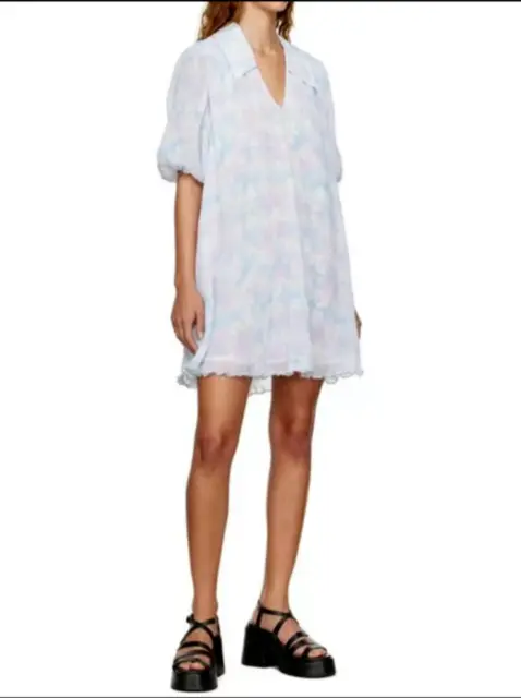 NWT GANNI Mini Dress Size 6 Pleated Georgette Mini Chiffon Dress Cherry Blossom