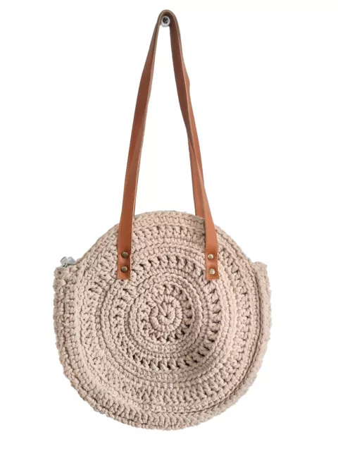 Collection Eighteen 18 Cream Round Crocheted Boho Shoulder Bag Purse Brown Vegan