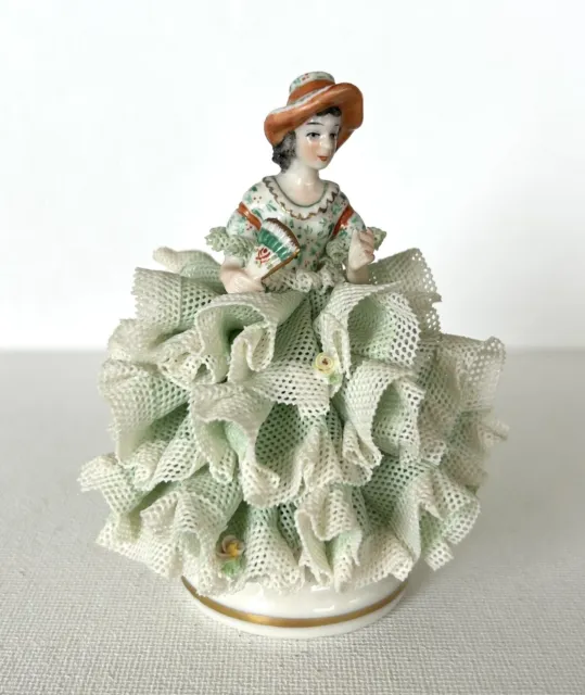 Muller Volkstedt Dresden Lace “Lydia” Woman With Fan Figurine 3.5”H