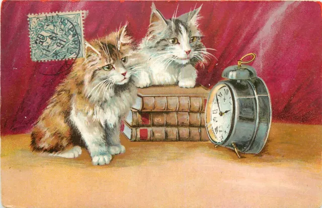 Maurice Boulanger Art Postcard Fluffy Cats on Books Observe an Alarm Clock