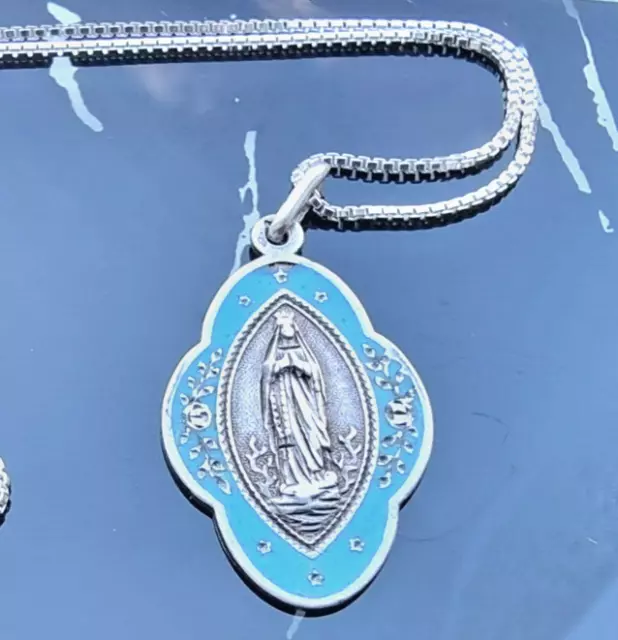 925 Sterling Silver Religious Blue Enamel Necklace