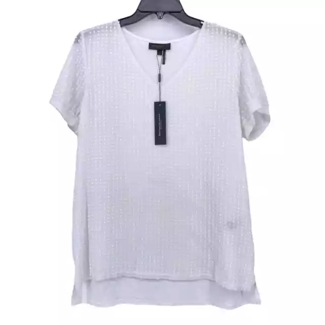 Donna Karan West Village White Shimmer Short Sleeve Shirt Womens Size Medium