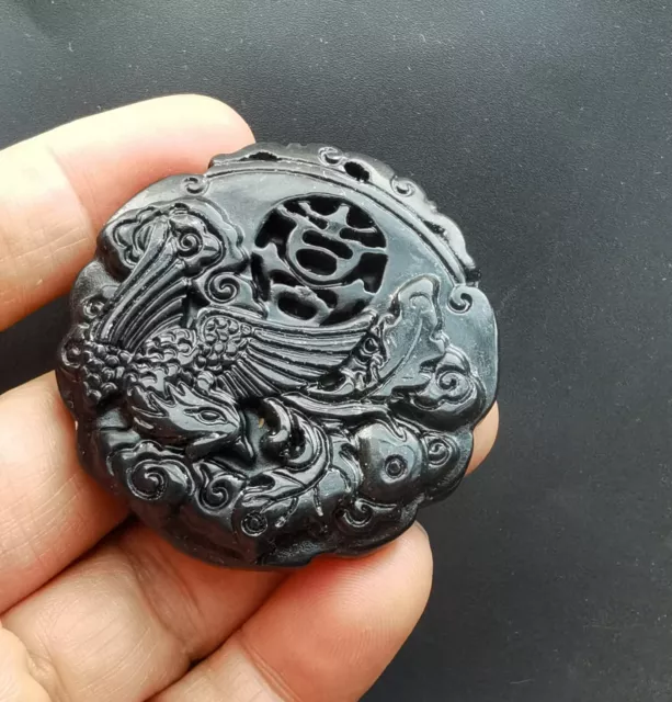 phoenix bird word carving natural black green jade stone pendant,amulet necklace
