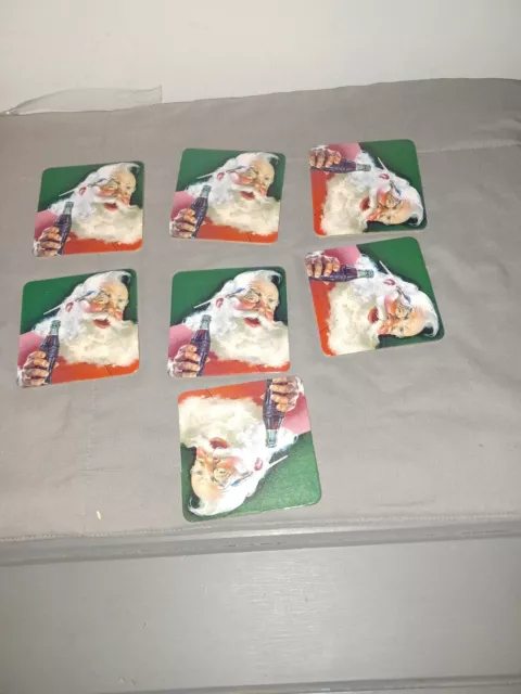 7 VINTAGE COCA-COLA COKE Christmas Coasters Santa With Cork Backing