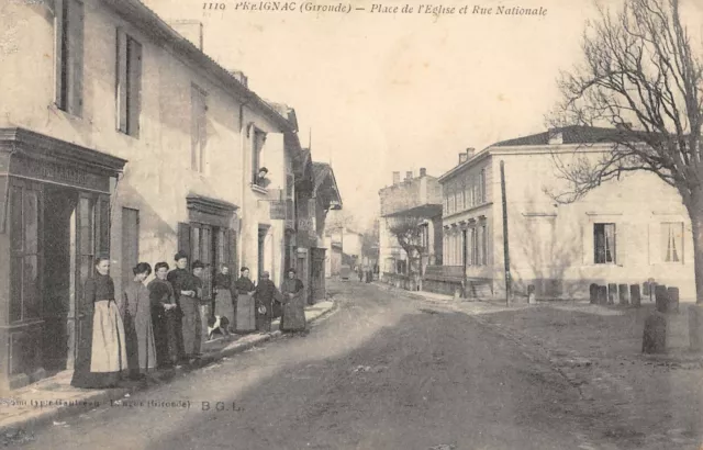 Cpa 33 Preignac Place De L'eglise Et Rue Nationale