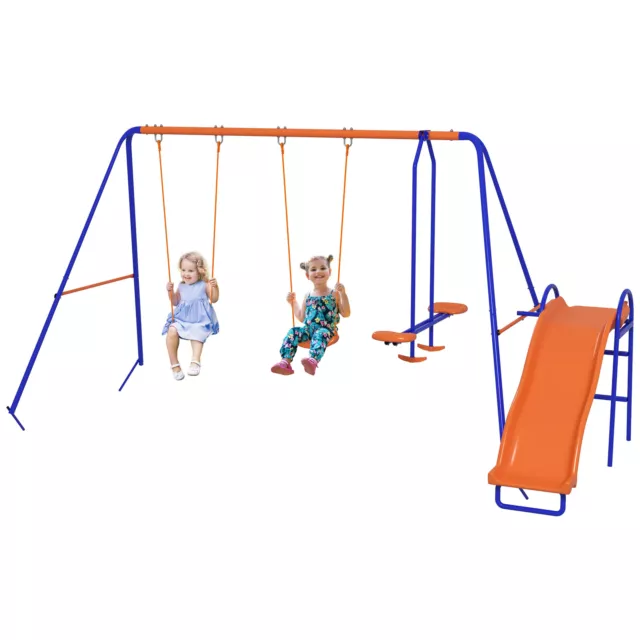 Outsunny 4 in 1 Metal Kids Swing Set w/ Double Swings, Glider, Slide, Ladder