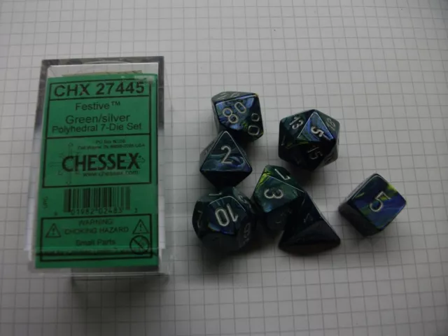 Chessex  Festive Green  / Silver   7 Dice Set Würfel 27445