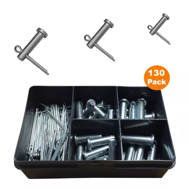 130 x Assorted Imperial Clevis Pin Fasterners & Retaining Split Cotter Pins