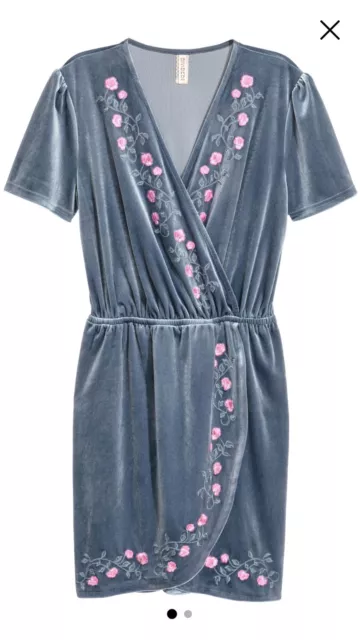 H&M HM Womens Front Wrap Dress Embroidered Velour Pigeon Blue/ Grey Size 6 NWT