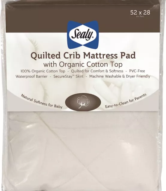 Sealy Baby Crib Mattress Pad Cover Toddler Quilted Ivory Organic Cotton New